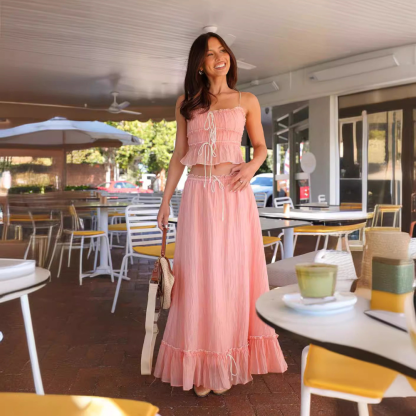 Pink pleated ruffle maxi set with cropped camisole top and long skirt