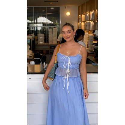 Periwinkle blue tiered ruffle maxi set with drawstring details