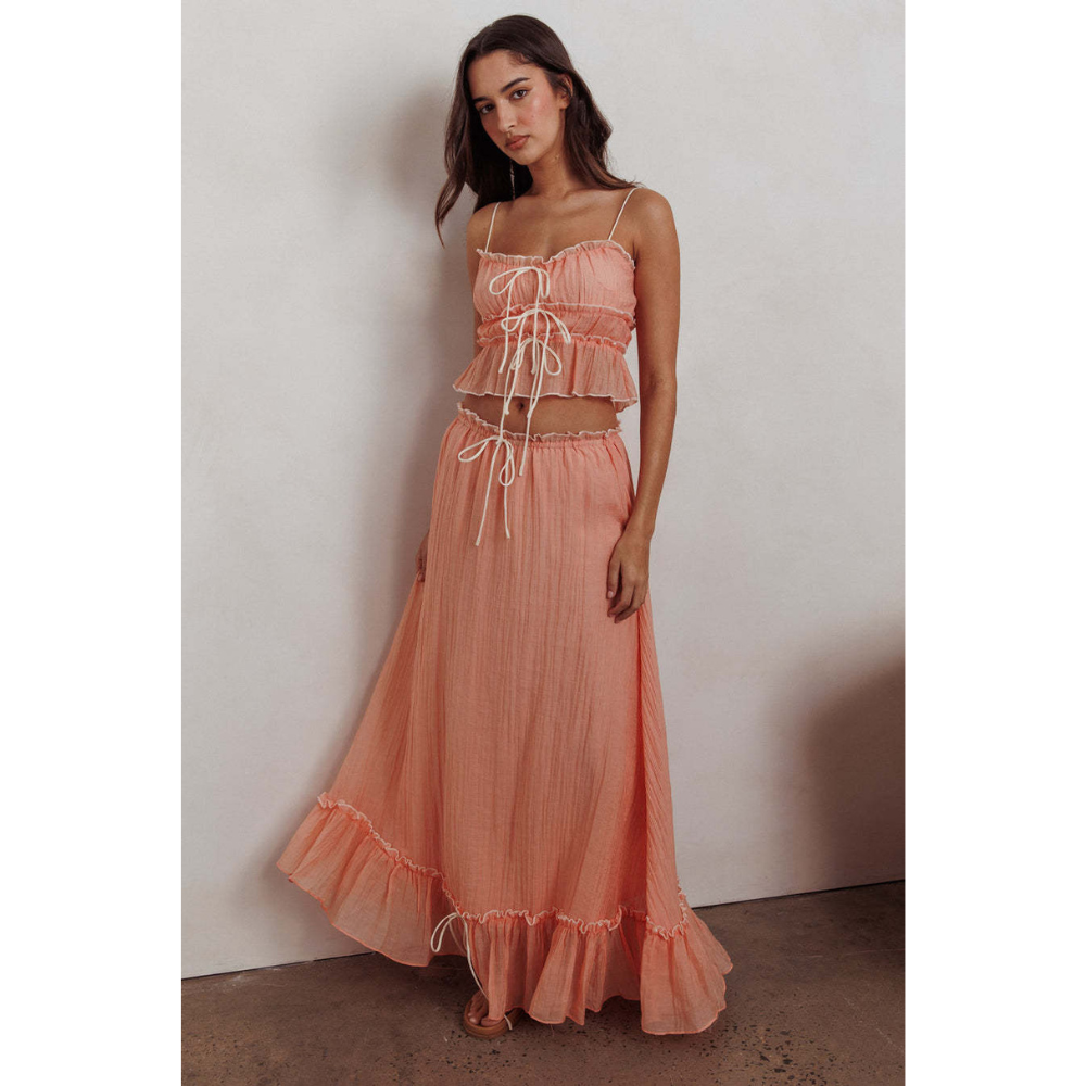 Coral pink ruffle maxi set with tiered top and flowing skirt