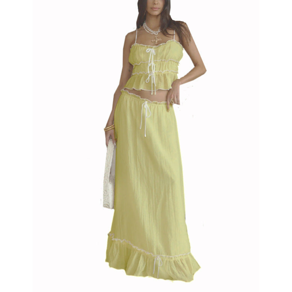 Yellow ruffle maxi set with ruffled crop top and maxi skirt