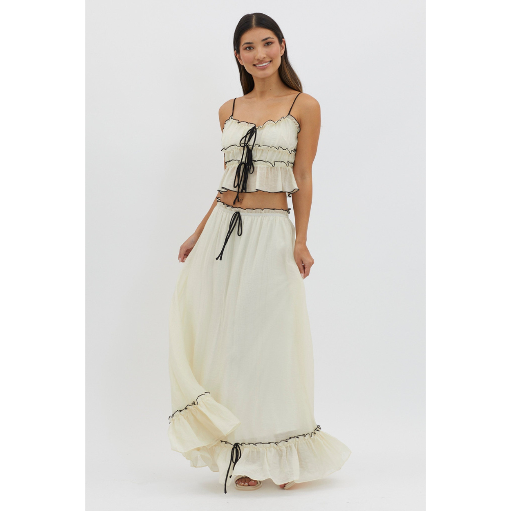 Cream ruffle maxi set with tiered crop top and long skirt front