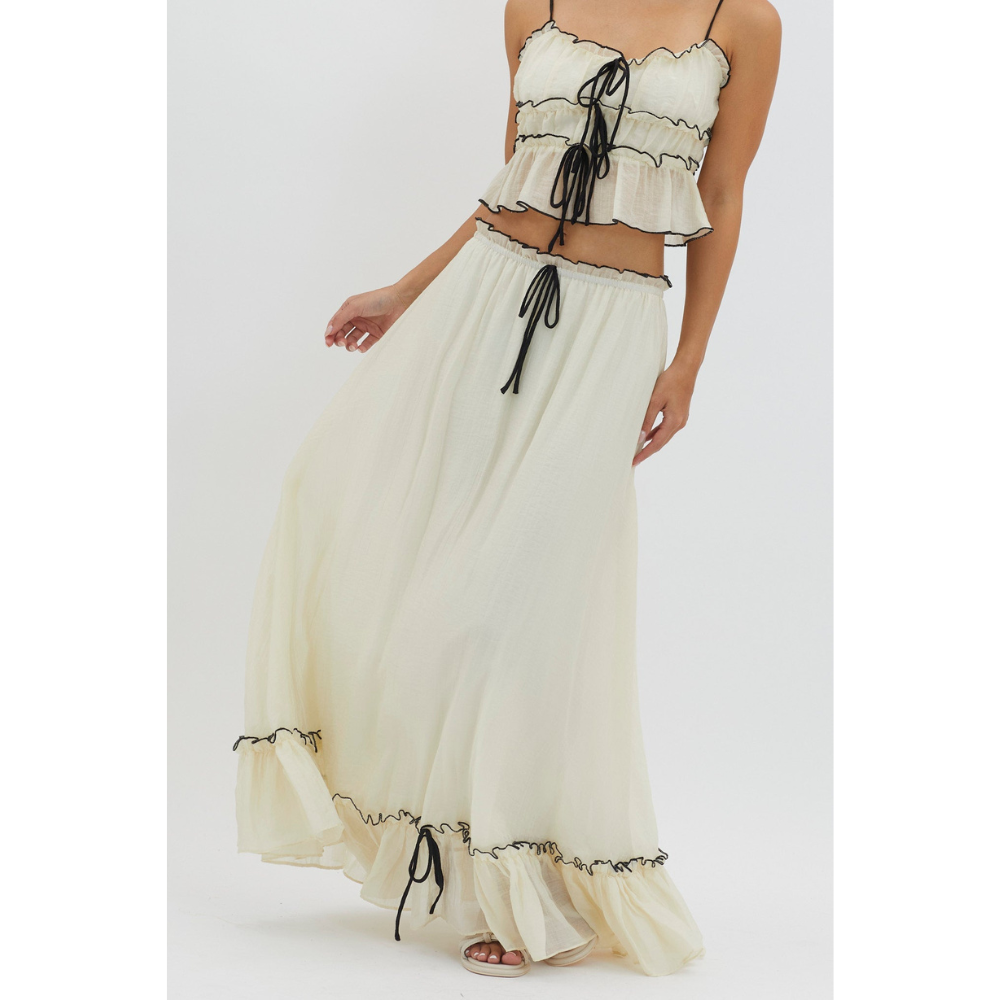 Cream ruffle maxi set with ruffled hem and drawstring waist detail