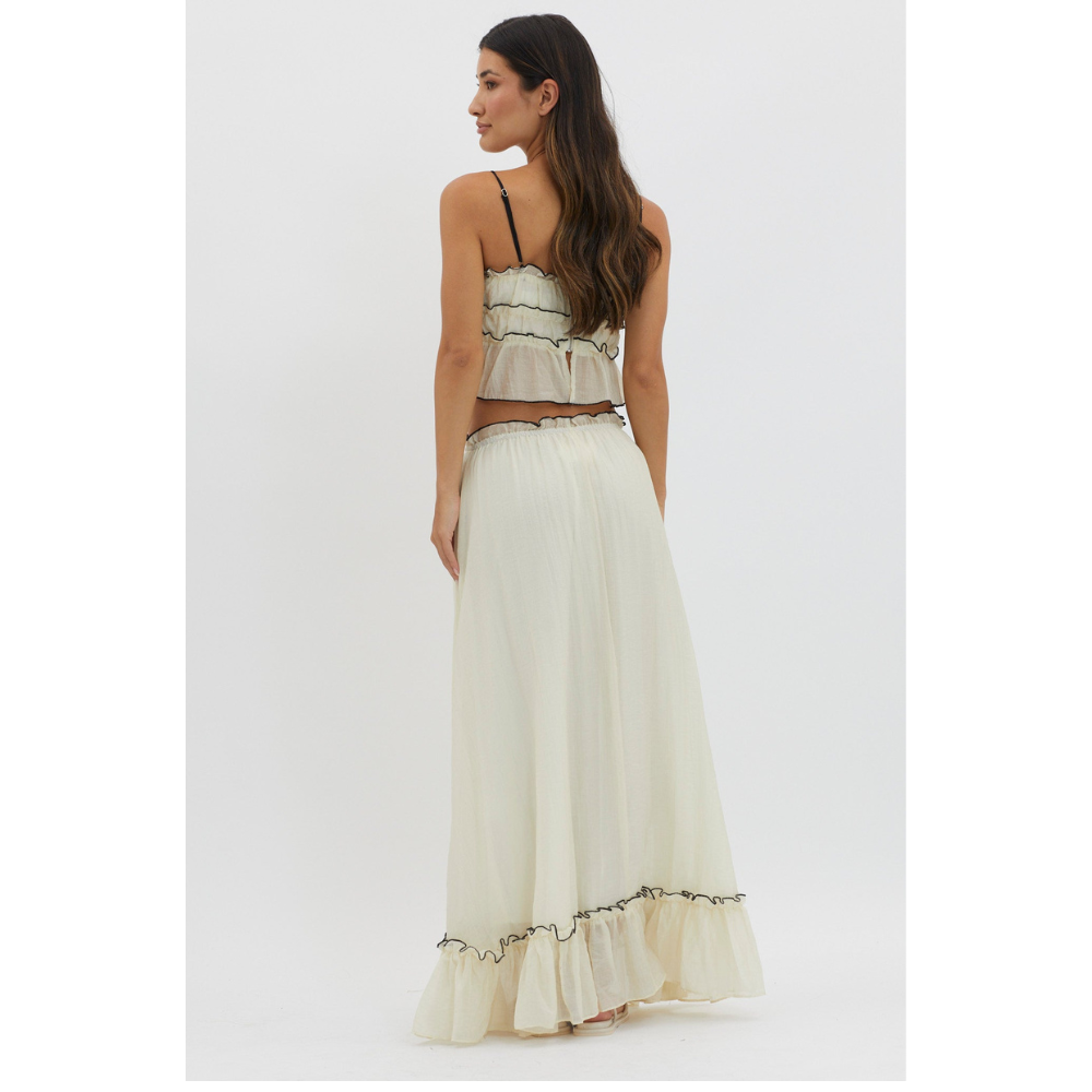 Cream ruffle maxi set back view showing tiered ruffles and crop top
