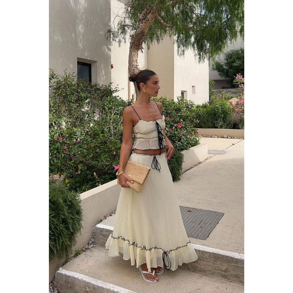 Cream ruffle maxi set with tiered skirt and drawstring crop top