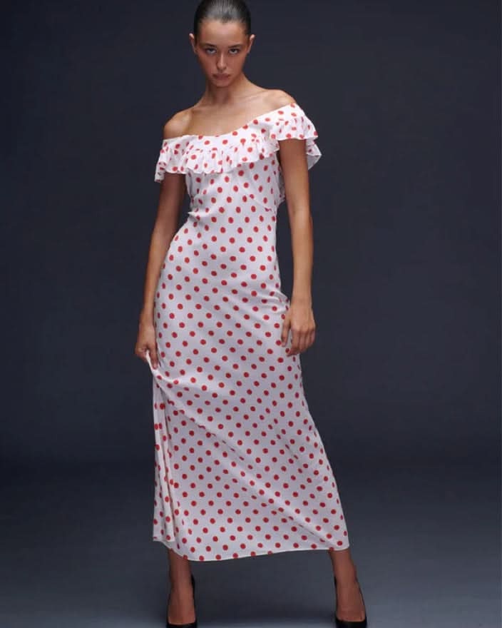 Red polka dot midi dress with off-shoulder ruffled neckline and short sleeves for women