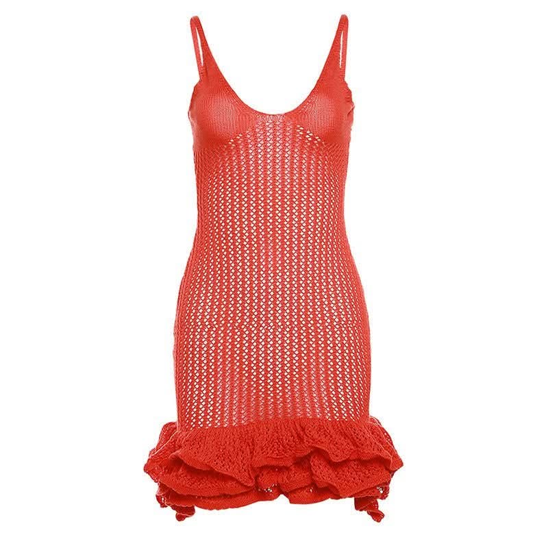 Red mesh knit mini dress with voluminous ruffled hem detail