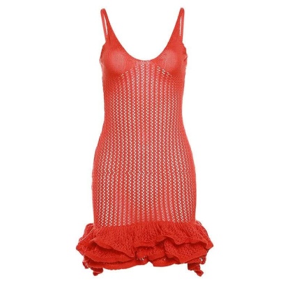 Red mesh knit mini dress with voluminous ruffled hem detail