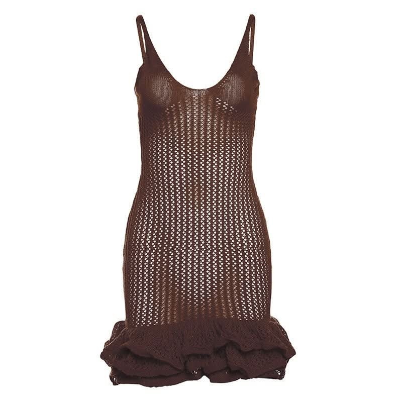 Brown mesh knit mini dress with gathered ruffle hem detail