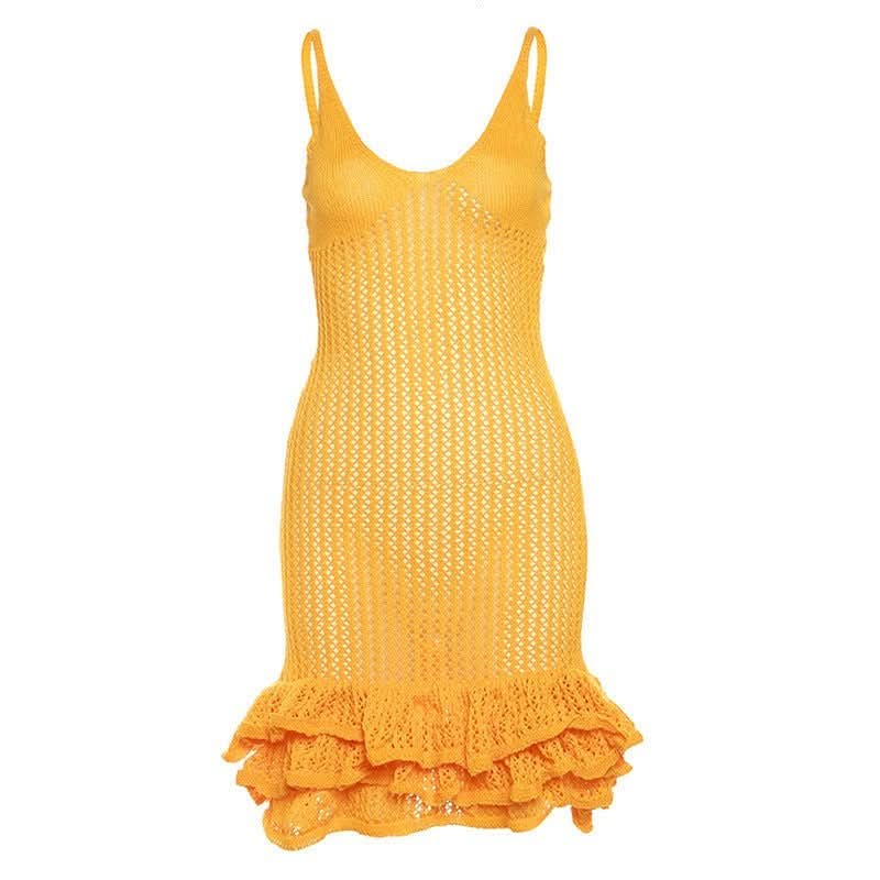 Flat lay of yellow knit mini dress with tiered ruffle trim