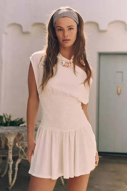 Cream off-shoulder ruffle mini dress with smocked waist and flared skirt
