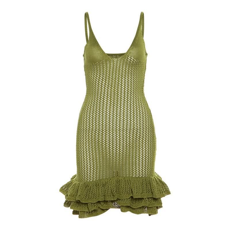 Olive green knit ruffle mini dress flat lay with textured weave