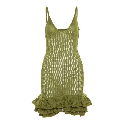 Olive green knit ruffle mini dress flat lay with textured weave