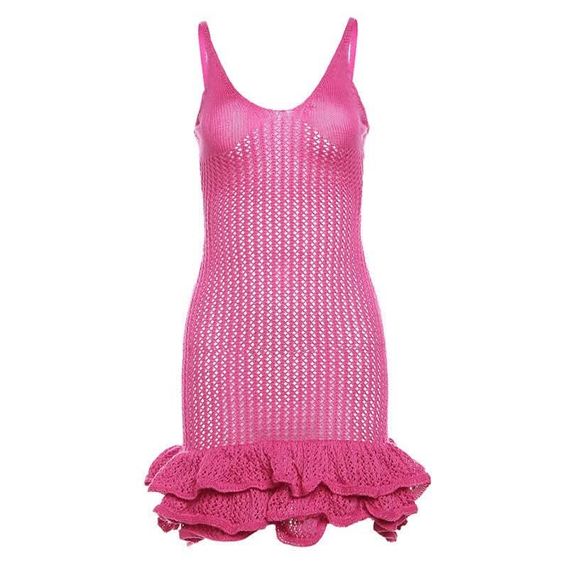 Bright pink knit ruffle mini dress flat lay with textured body
