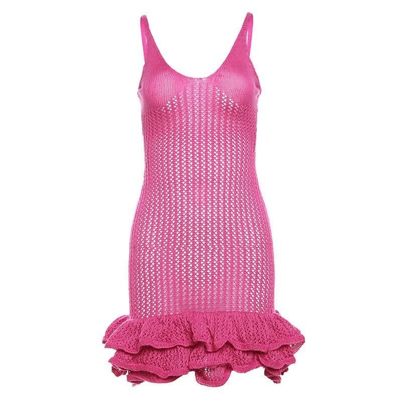 Bright pink knit ruffle mini dress flat lay with textured body