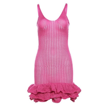 Bright pink knit ruffle mini dress flat lay with textured body