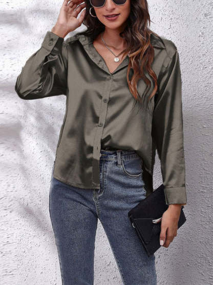 Olive green satin collared top with shiny fabric and button details