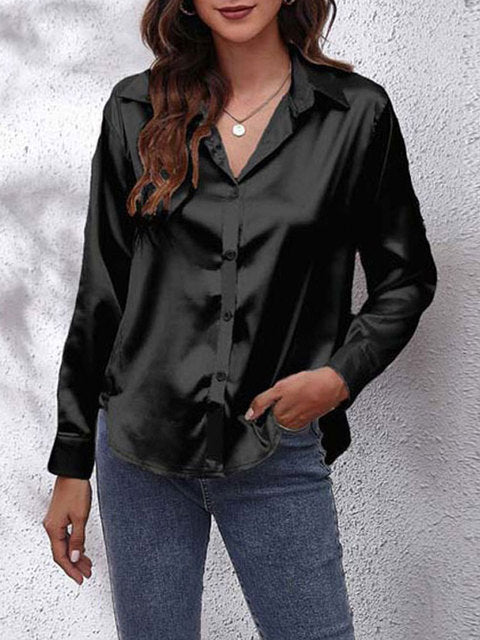Black satin collared top with long sleeves and button front