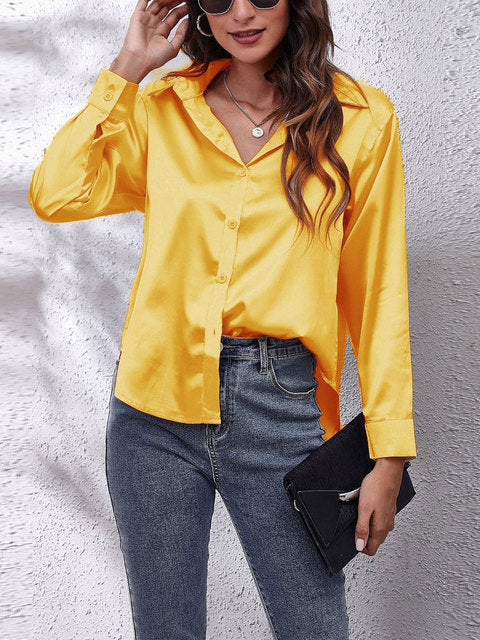 Golden yellow satin collared top with button front and long sleeves
