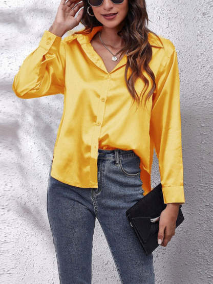 Golden yellow satin collared top with button front and long sleeves