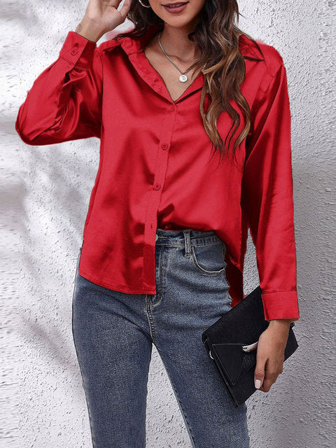 Bright red satin collared top with button front and long sleeves