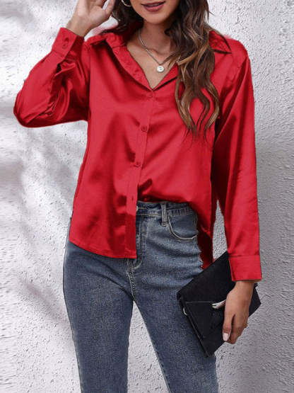 Bright red satin collared top with button front and long sleeves