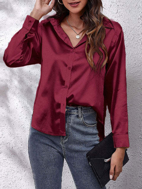 Burgundy satin collared top with ruffled collar and button front
