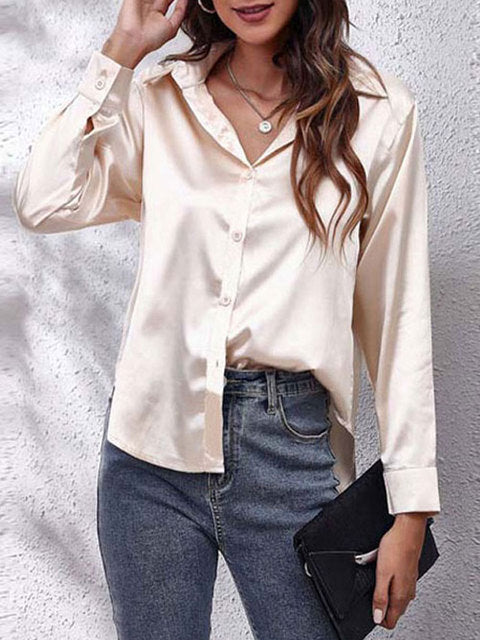 Cream satin collared top with long sleeves and button closure