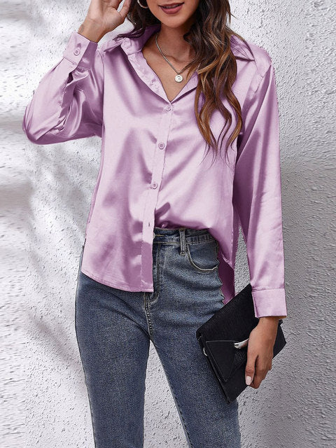 Lavender satin collared top with long sleeves and button details