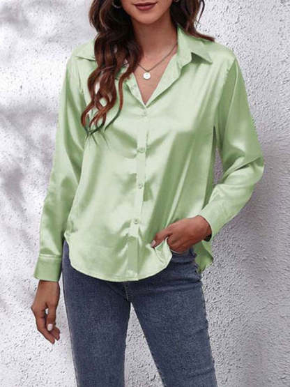 Pale green satin collared top with long sleeves and front buttons