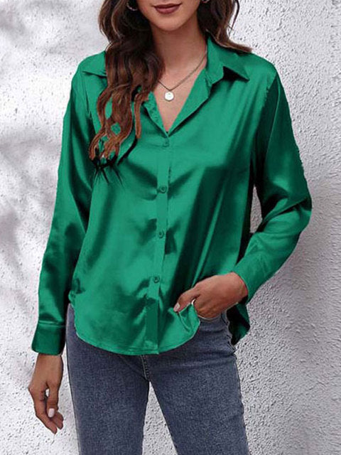 Emerald green satin collared top with lustrous finish and buttons