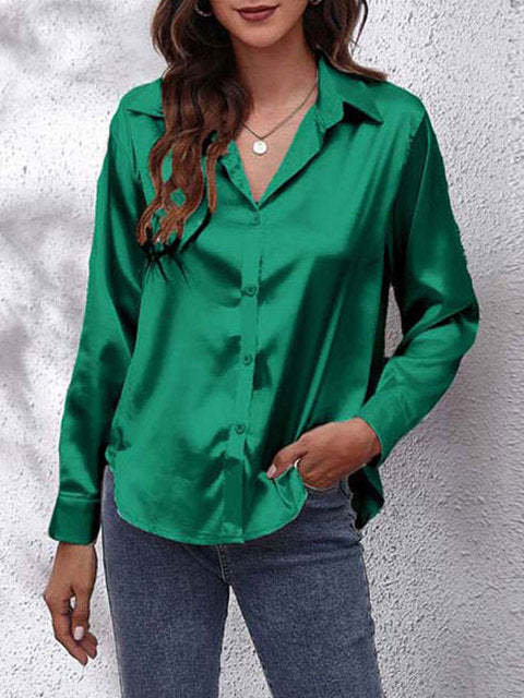 Emerald green satin collared top with lustrous finish and buttons