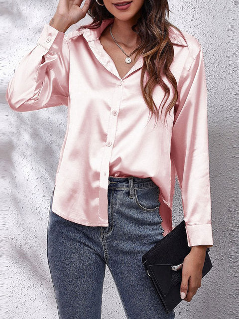 Blush pink satin collared top with button front and long sleeves