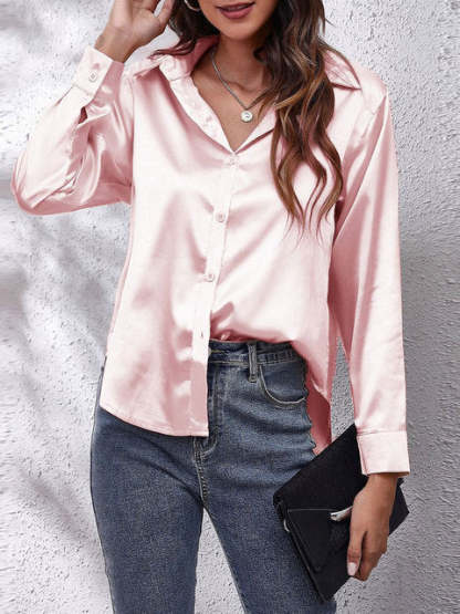 Blush pink satin collared top with button front and long sleeves