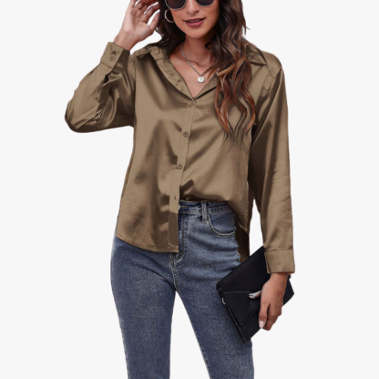Taupe satin collared top with button front and long sleeves