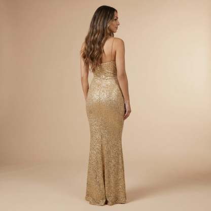Gold sequin formal maxi dress back view showing center zipper and flare hem