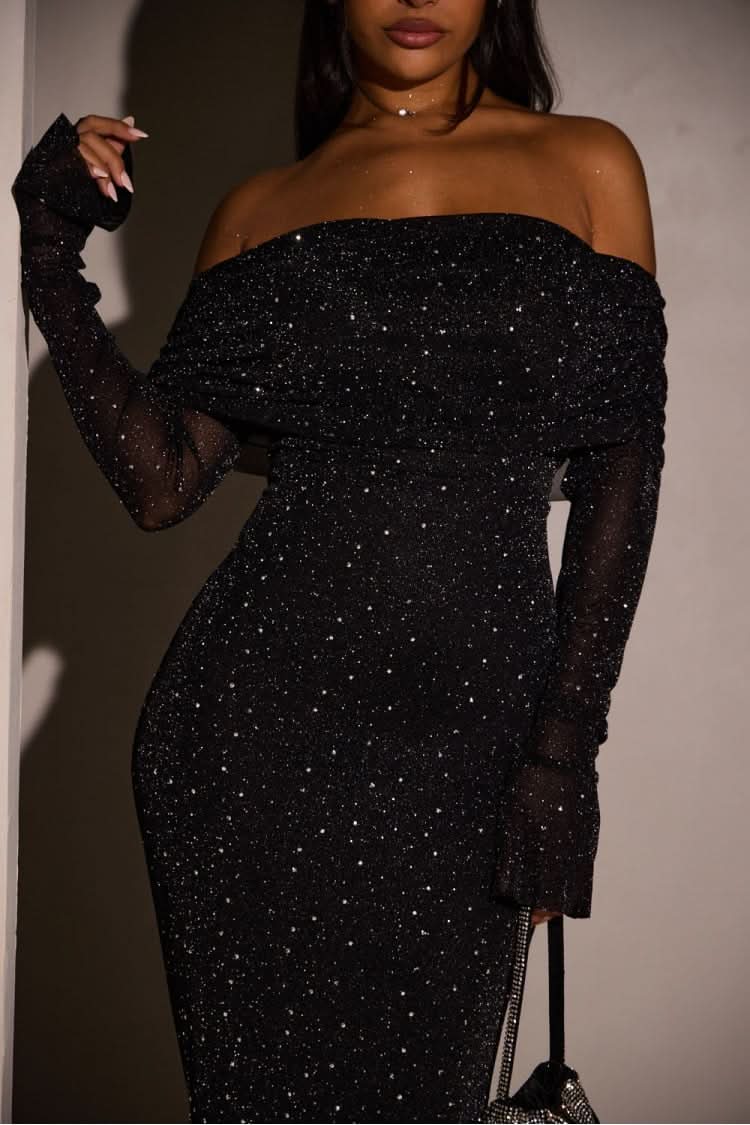 Black sequin maxi dress with off-shoulder neckline and sheer long sleeves