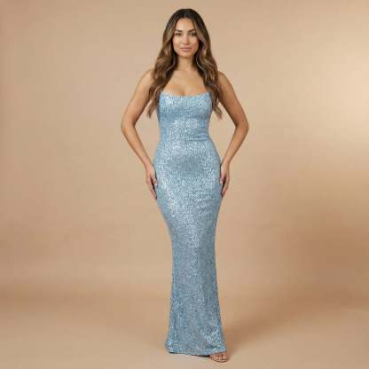 Light blue sequin bodycon maxi dress with spaghetti straps and floor-length hem