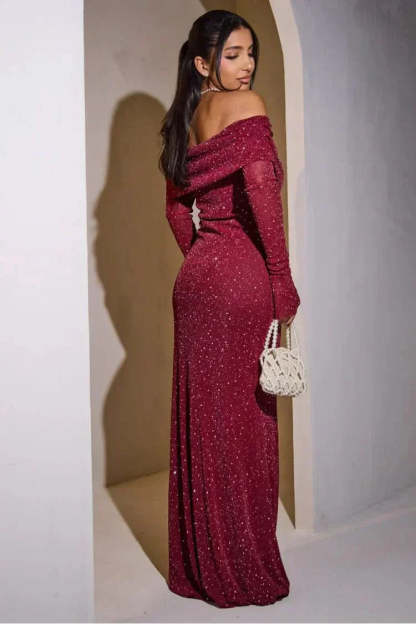 Back view of burgundy sequin maxi dress with off-shoulder sleeves and fitted waist