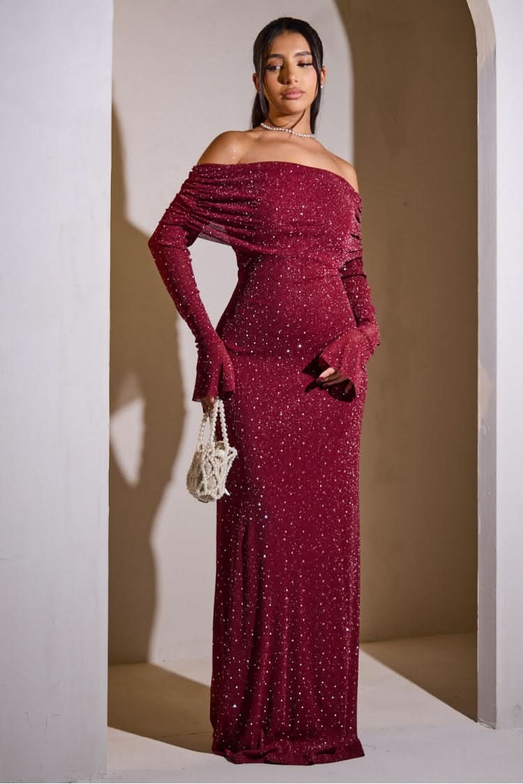 Burgundy sequin maxi dress with off-shoulder design and long bell sleeves