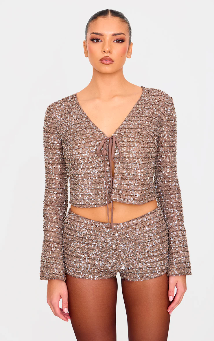 Women's champagne sequin two-piece set with tie-front V-neck closure detail