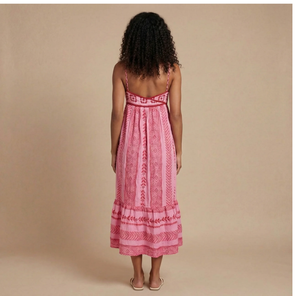 Back view of hot pink midi dress showing open back design and tiered ruffle hem for women