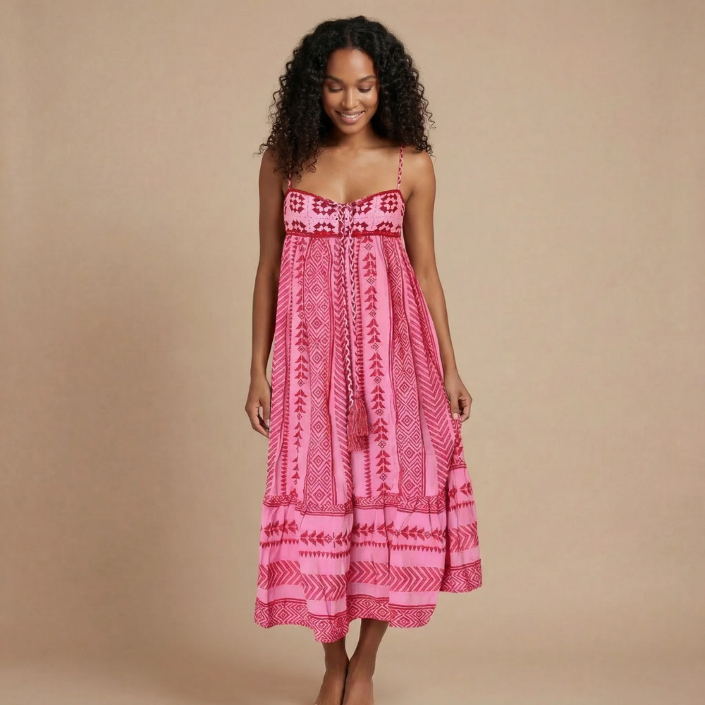 Hot pink geometric print boho midi dress with smocked sweetheart neckline and tasseled ties for women