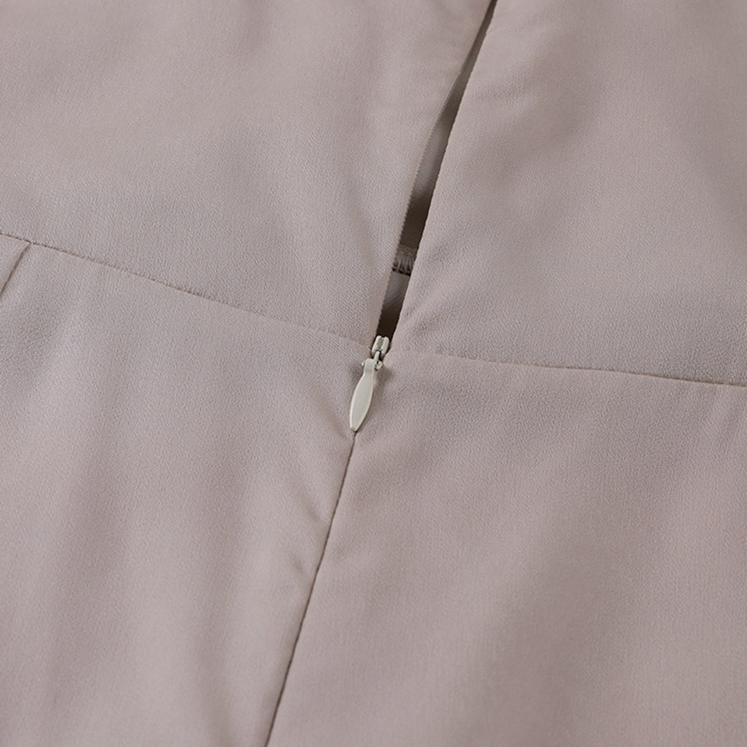 Beige wrap maxi dress back zipper closure with metal pull