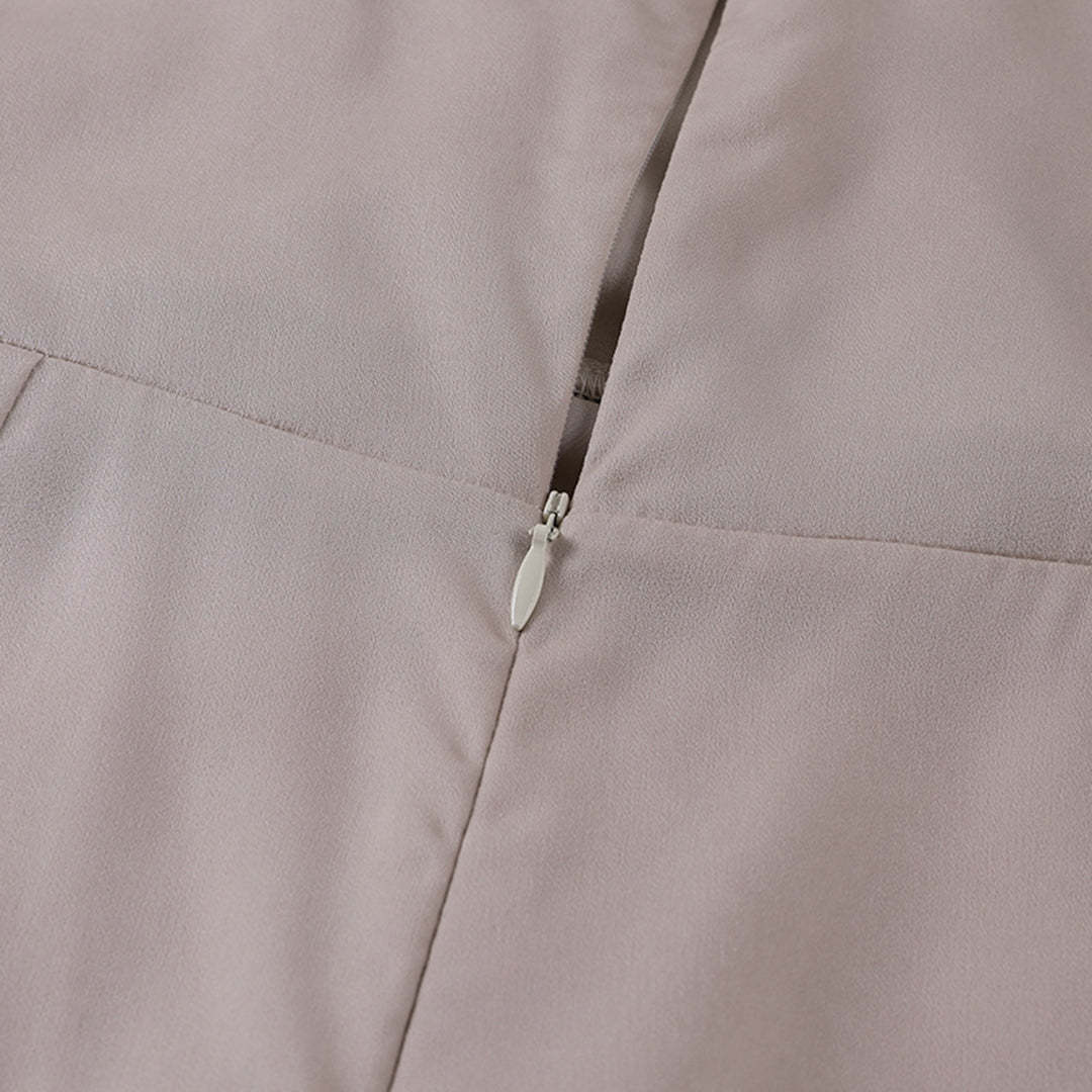 Beige wrap maxi dress back zipper closure with metal pull