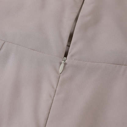 Beige wrap maxi dress back zipper closure with metal pull
