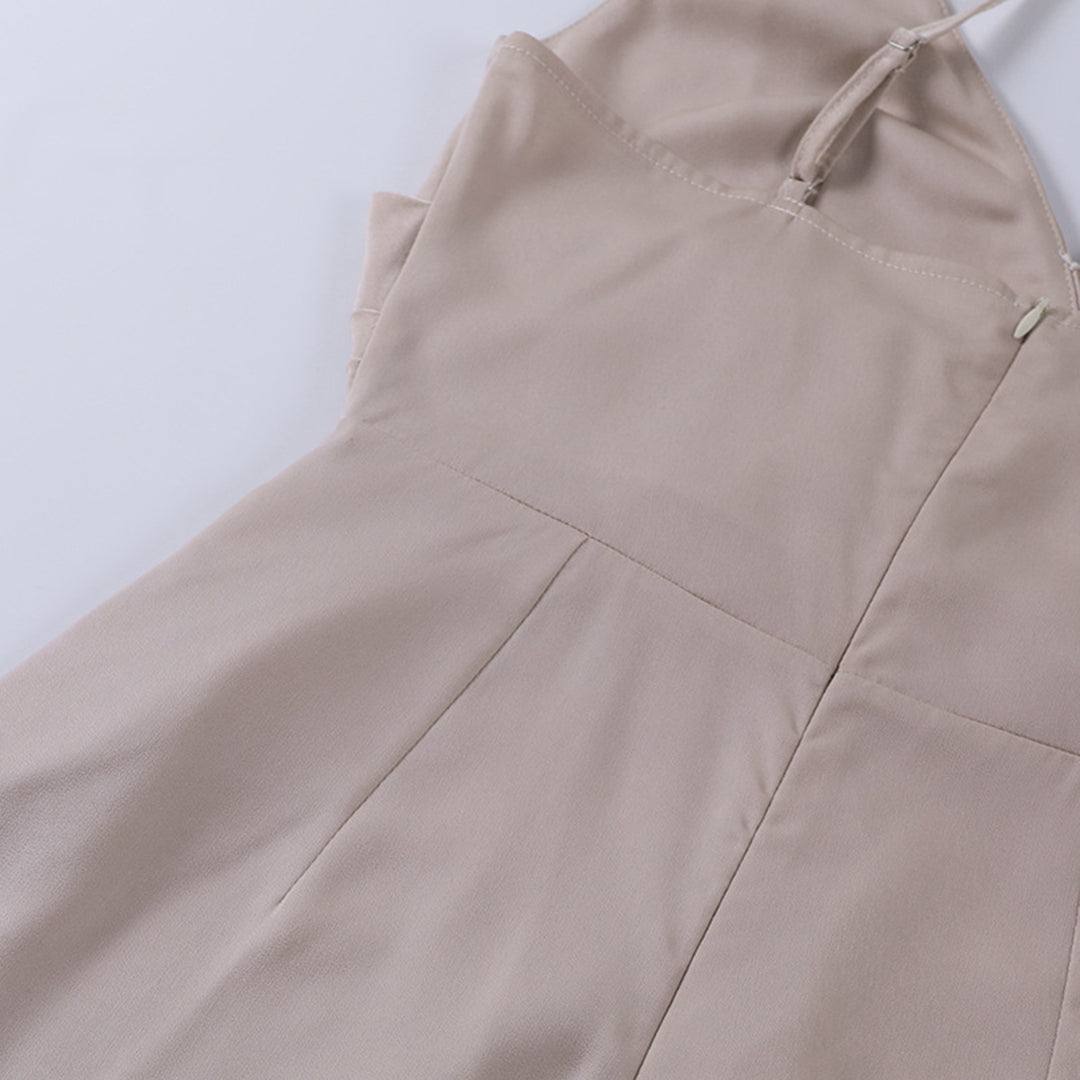 Beige wrap maxi dress bodice with pleated waist and back seams