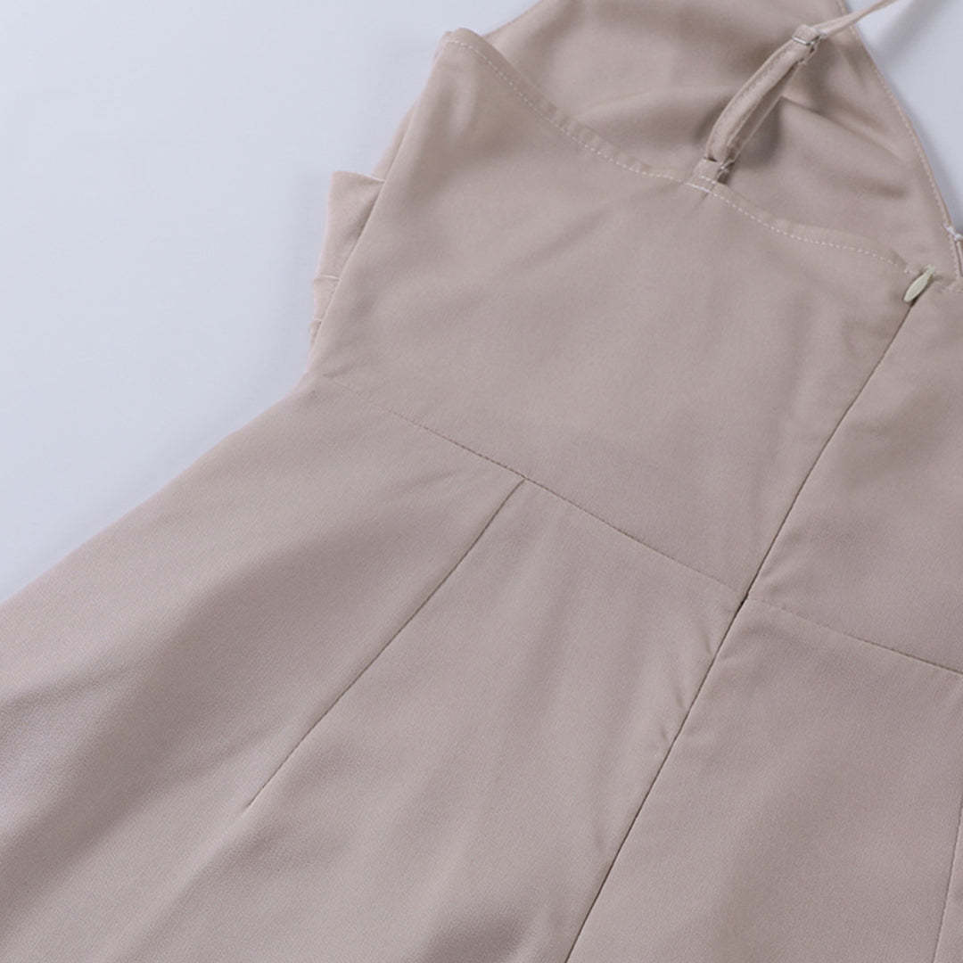 Beige wrap maxi dress bodice with pleated waist and back seams
