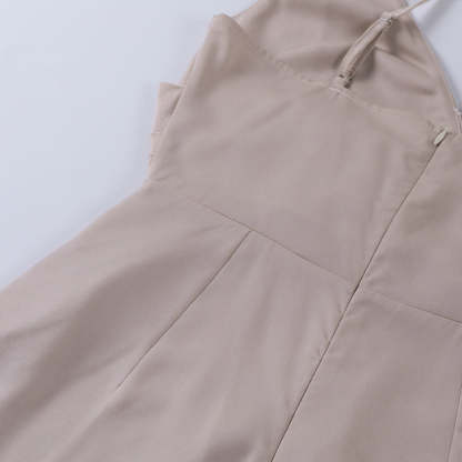 Beige wrap maxi dress bodice with pleated waist and back seams