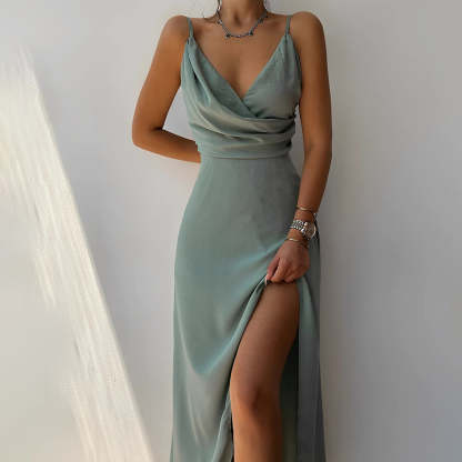 Sage green wrap maxi dress with draped bodice and leg slit