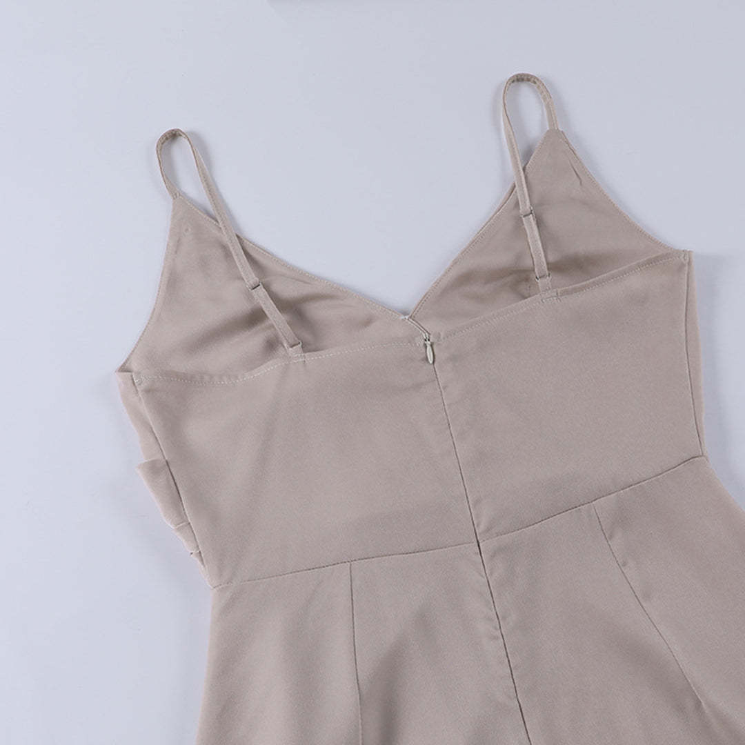 Cream wrap dress back view showing V-neckline and straps